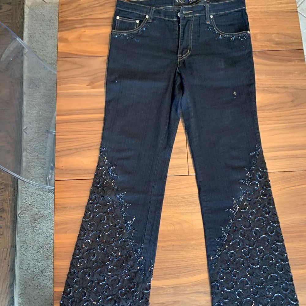 Jeans, Sonic Violet, lace and iridescent beads, stretch, 34W X 30L, boot cut EUC